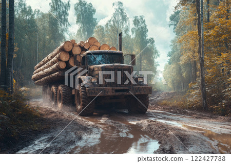 Logging Truck Driving Through Muddy Forest Road 122427788