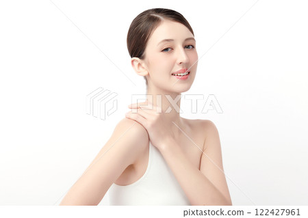 Beautiful young woman with clean fresh skin on white background, Face care, Facial treatment, Cosmetology, beauty and spa, women portrait. Beautiful young woman with clean fresh skin on white background, Face care, Facial treatment, Cosmetology, beauty and spa, women portrait. 122427961
