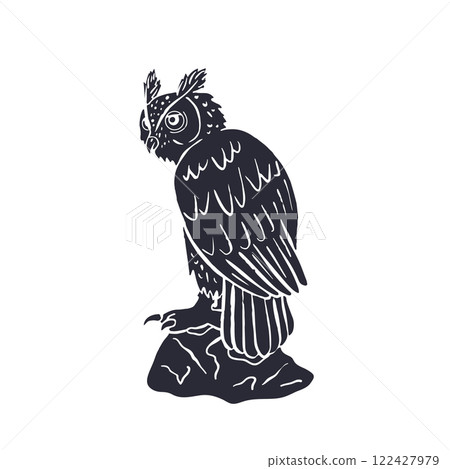 Hand drawn black and white line art eagle-owl sitting on rock Hand drawn black and white line art eagle-owl sitting on rock 122427979