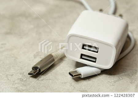 Power supply with two USB ports and two USB-micro and USB Type-C cables 122428307