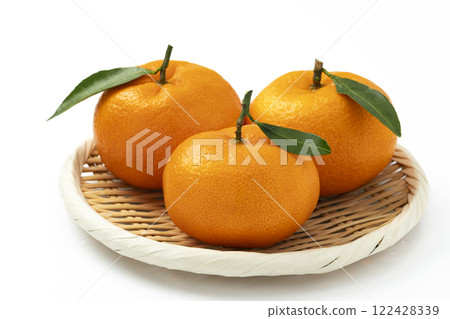 白色背景下托盤中排列葉子的溫州柑橘 白色背景下托盤中排列葉子的溫州柑橘 122428339