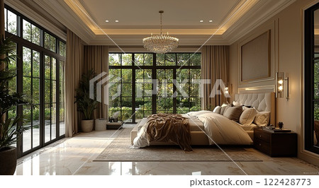 Elegant modern bedroom design with large windows and lush greenery in the background Elegant modern bedroom design with large windows and lush greenery in the background 122428773
