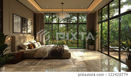 Elegant modern bedroom design with large windows and lush greenery in the background Elegant modern bedroom design with large windows and lush greenery in the background 122428774