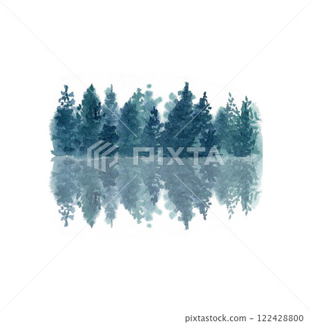 Conifer trees mirrored in the water isolated on white. Landscape design element. High quality clip art perfect for cards, banners, posters, advertisements and guides decor. Blue winter illustration 122428800