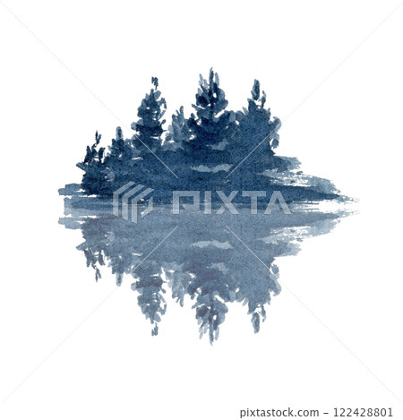 Spruce trees mirrored in the water isolated on white. Landscape design element. High quality clip art perfect for cards, banners, posters, advertisements and guides decor. Blue winter illustration Spruce trees mirrored in the water isolated on white. Landscape design element. High quality clip art perfect for cards, banners, posters, advertisements and guides decor. Blue winter illustration 122428801
