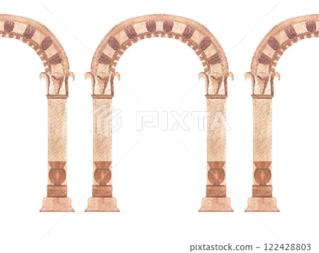 Greek ancient classic arch seamless border isolated on white. High quality architecture watercolor illustration for cards, posters, tape, decor and design. Decorative residence image in beige color Greek ancient classic arch seamless border isolated on white. High quality architecture watercolor illustration for cards, posters, tape, decor and design. Decorative residence image in beige color 122428803
