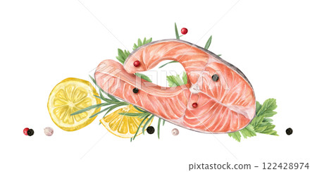 Steamed salmon steak with lemon slices and greenery watercolor food illustration isolated background. Healthy protein diet with trout fish and rosemary, parsley leaves, black peppers. Top view Steamed salmon steak with lemon slices and greenery watercolor food illustration isolated background. Healthy protein diet with trout fish and rosemary, parsley leaves, black peppers. Top view 122428974