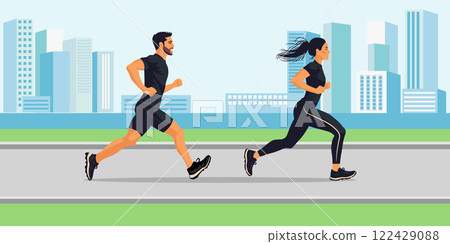 People are running marathon against the background of the city. Vector illustration. 122429088