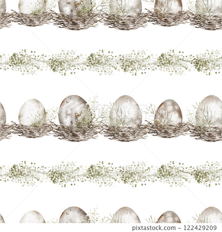 Easter egg watercolor seamless pattern. Hand drawn spring background for holiday textiles or wrapping paper. Design for Easter themed products and nursery wallpaper. Backdrop in neutral tones. 122429209