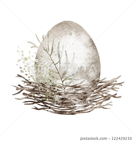 Watercolor illustration of an Easter egg lying in a wicker nest. Hand drawn design with vintage pastel tones for religion card and invitation. Perfect for springtime holiday celebration templates. 122429210
