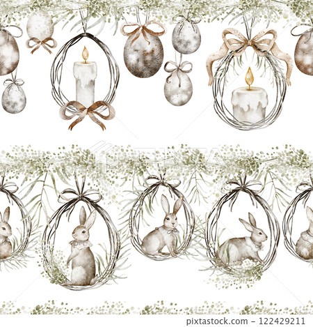 Easter bunny watercolor seamless pattern with hanging decoration eggs and candles. Hand drawn spring background for holiday textiles or wrapping paper. Design for Easter products and wallpaper. Easter bunny watercolor seamless pattern with hanging decoration eggs and candles. Hand drawn spring background for holiday textiles or wrapping paper. Design for Easter products and wallpaper. 122429211