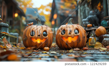 Two carved pumpkins with glowing smiles sit on a rustic village path, surrounded by autumn leaves, creating a charming Halloween scene 122429289