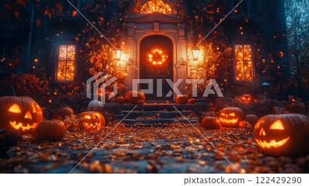 A spooky house decorated with glowing jack-o'-lanterns and eerie lighting, creating a chilling Halloween atmosphere 122429290