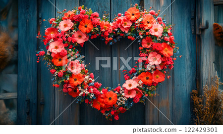 Vibrant floral heart wreath hanging on rustic blue wooden wall 122429301