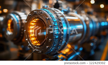 A high-tech industrial heat exchanger glowing with golden light inside a modern factory setting 122429302