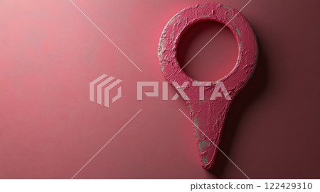 A 3D textured pink location pin symbol against a monochromatic pink background 122429310