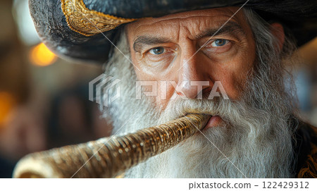 A close-up of an elderly Jewish man blowing a traditional shofar. His intense gaze and long white beard add to the dramatic lighting and religious ambiance 122429312