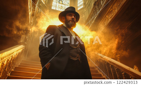 A lone figure in a long coat and hat stands in a grand cathedral with dramatic lighting, looking up at a stained-glass dome 122429313