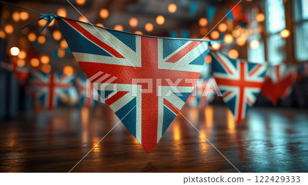 Indoor Union Jack bunting hanging inside a cozy, modern space, ideal for patriotic celebrations and themed events 122429333