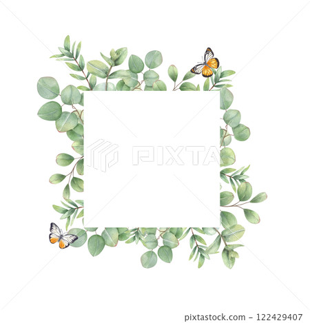 Eucalyptus branches and flying orange butterflies frame isolated background. Green leaves, delicate insect square border with empty space for text. Spring illustration for beauty product design 122429407