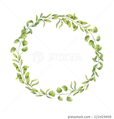 Watercolor bright young spring greenery wreath isolated background. Round frame with green leaves. Floral illustration for textile, cosmetic product design, greeting card, Empty space for text 122429409