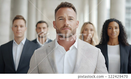 CEO exuding confidence with a team of employees standing together in unity, workplace environment, full body wide angle 122429470