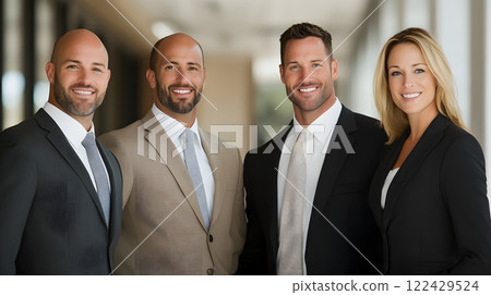 Positive group of professionals smiling in front of a presentation board, corporate environment, full body wide angle 122429524