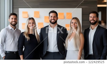 Team posing happily in front of a brainstorming board, modern workplace, full body wide angle 122429525