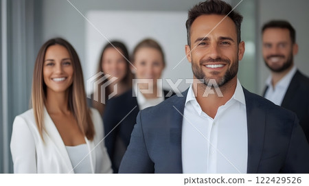 Team posing happily in front of a brainstorming board, modern workplace, full body wide angle 122429526