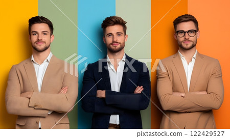 Employees standing confidently near a colorful office board with cheerful expressions, full body wide angle 122429527