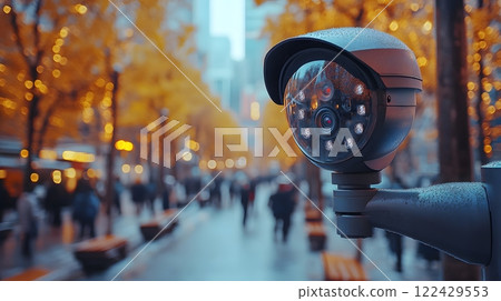 Close-up view of modern security cameras scanning faces in a public plaza, advanced surveillance setup 122429553