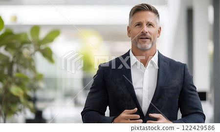 CEO with a positive demeanor addressing a diverse group of employees, corporate office background, full body wide angle CEO with a positive demeanor addressing a diverse group of employees, corporate office background, full body wide angle 122429586