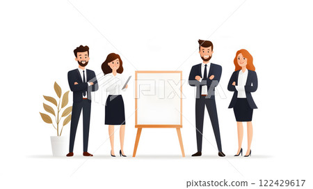 Professional team standing together with cheerful expressions near a presentation board, full body wide angle Professional team standing together with cheerful expressions near a presentation board, full body wide angle 122429617