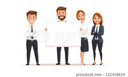 Professional team standing together with cheerful expressions near a presentation board, full body wide angle Professional team standing together with cheerful expressions near a presentation board, full body wide angle 122429618