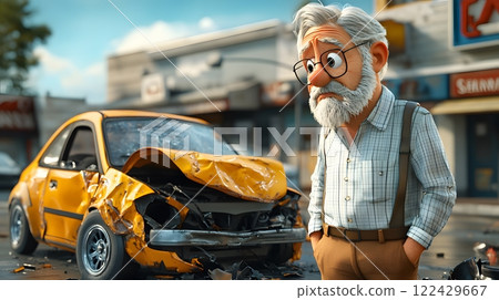 Cartoon 3D animated scene of an insurance agent explaining claim processes at a car accident with realistic crash details Cartoon 3D animated scene of an insurance agent explaining claim processes at a car accident with realistic crash details 122429667