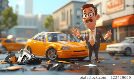 Cartoon 3D animated scene of an insurance agent explaining claim processes at a car accident with realistic crash details Cartoon 3D animated scene of an insurance agent explaining claim processes at a car accident with realistic crash details 122429669
