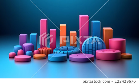 Cartoon 3D vector of business data graph analysis with bar and pie charts on white background, vibrant colors Cartoon 3D vector of business data graph analysis with bar and pie charts on white background, vibrant colors 122429670