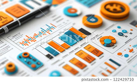 Cartoon infographic showing financial data in 3D vector style with clean white background 122429710