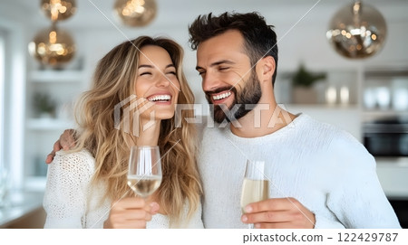 Happy couple walking through a bright, spacious house with a real estate agent pointing out features 122429787