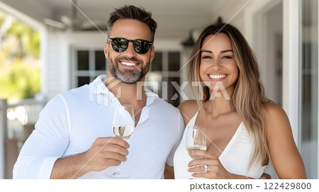 Couple celebrating with a real estate agent after receiving the keys to their first home, standing on the front porch 122429800
