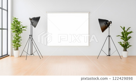 Compact and functional 3D photography studio mockup with blank screen and muted light tones 122429898