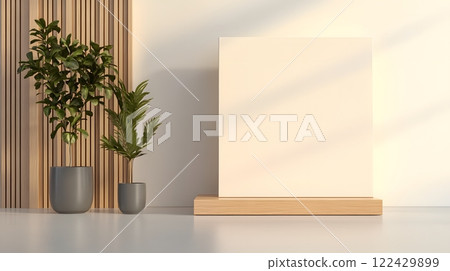 Blank screen in futuristic 3D photography studio with clean lines and bright lighting 122429899
