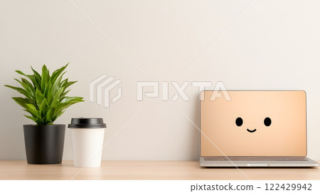 Top view of elegant workspace, mockup with gadgets and coffee cup on marble table 122429942