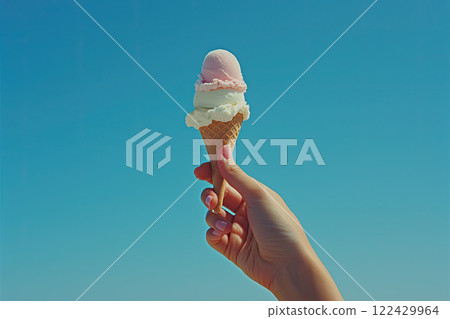 Female hand holding ice-cream on the clear blue sky 122429964