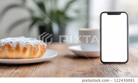 Close-up of finger tapping smartphone mockup screen at cafe, blurred pastry in background Close-up of finger tapping smartphone mockup screen at cafe, blurred pastry in background 122430091