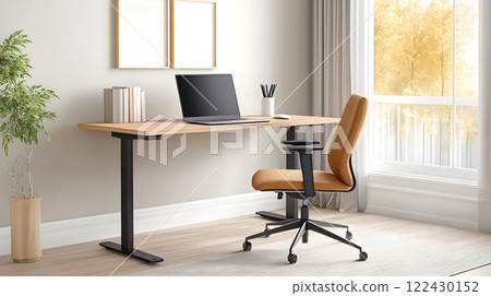 A home office setup featuring a clean desk with a laptop, wireless mouse, and modern decor 122430152