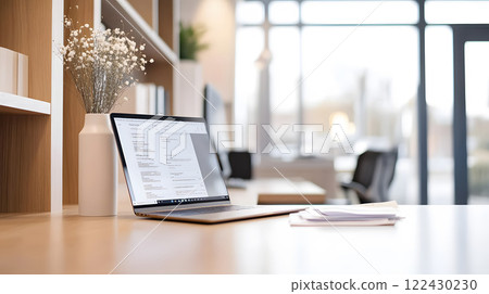 A new employee being shown around the office by a colleague during the onboarding process, with a laptop and documents on the desk 122430230