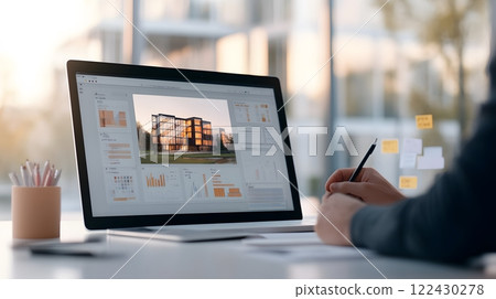 A modern workspace featuring a professional sketching ideas on a digital tablet, with sticky notes and diagrams nearby 122430278