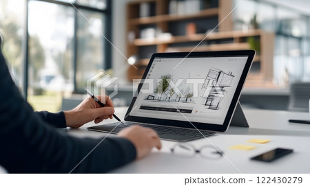 A modern workspace featuring a professional sketching ideas on a digital tablet, with sticky notes and diagrams nearby 122430279