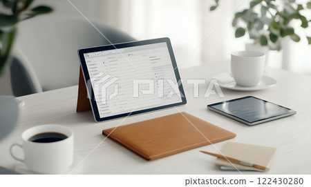 A solo entrepreneur working in a cozy office, writing plans in a leather-bound planner while analyzing data on a tablet 122430280